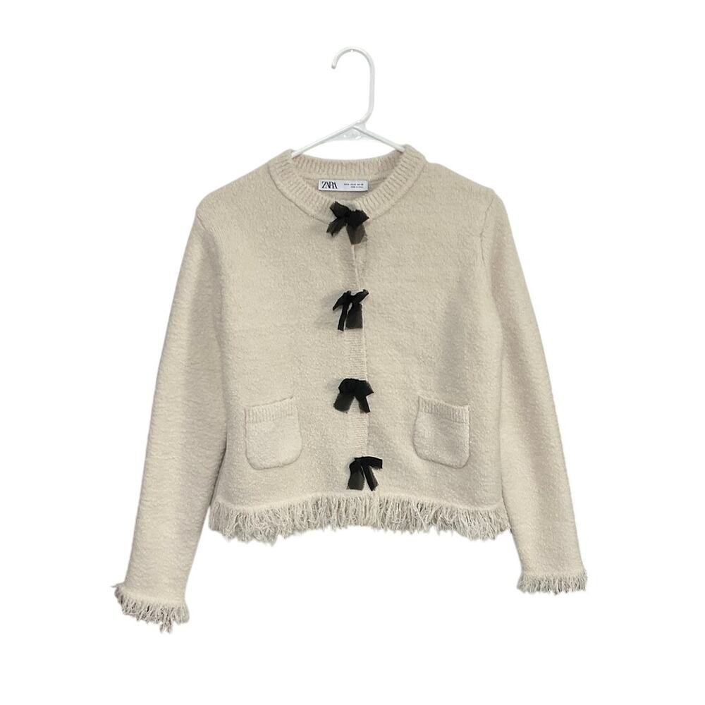 Zara Cream Knit Cardigan Sweater Black Bows Fringe Women's Size Medium Pockets